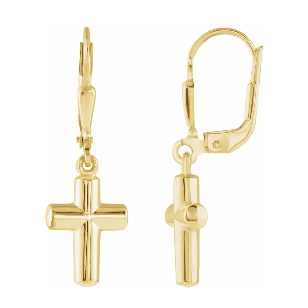 14K Yellow Gold Hollow Cross Lever Back Earrings, 9 x 31mm