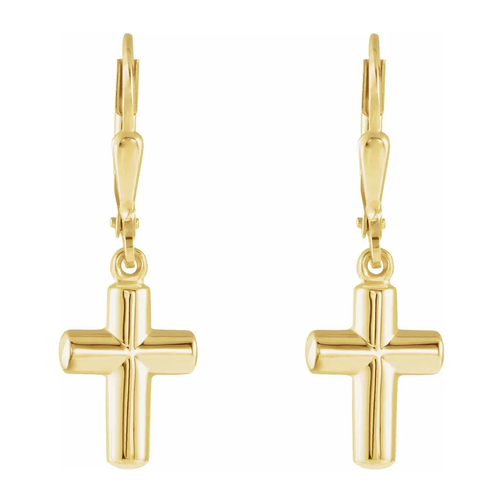 14K Yellow Gold Hollow Cross Lever Back Earrings, 9 x 31mm