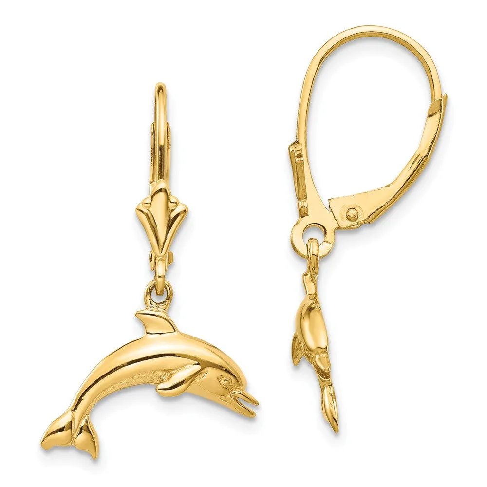 16mm Polished Dolphin Lever Back Earrings in 14k Yellow Gold