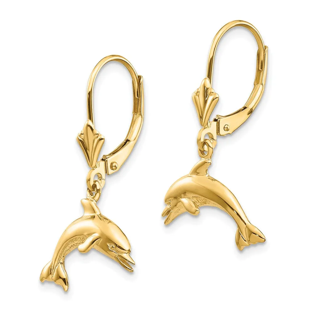 16mm Polished Dolphin Lever Back Earrings in 14k Yellow Gold