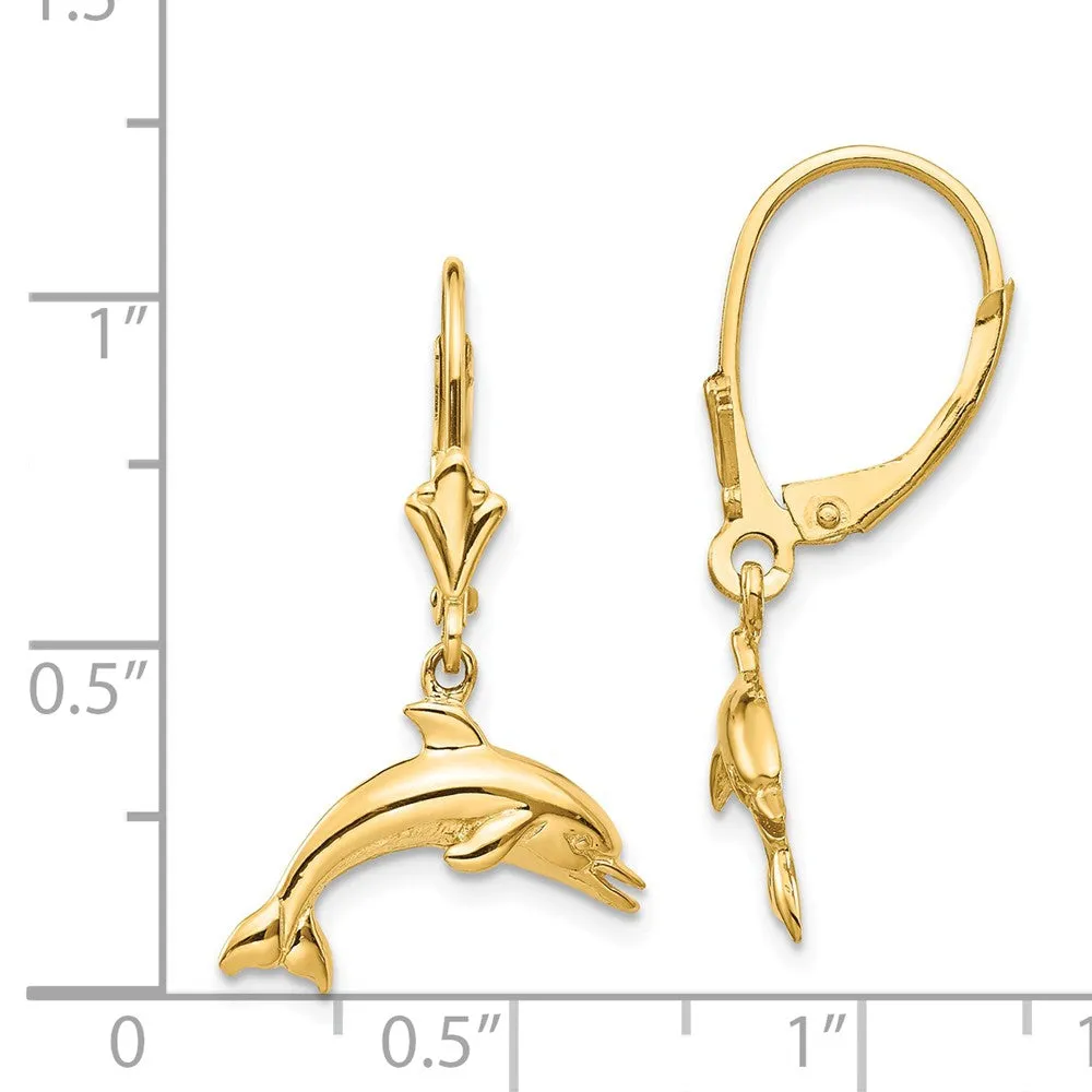 16mm Polished Dolphin Lever Back Earrings in 14k Yellow Gold