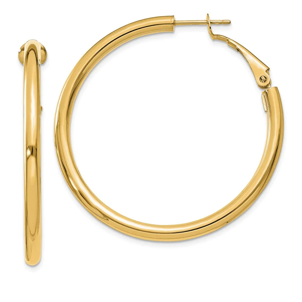 3mm, 14k Yellow Gold Omega Back Round Hoop Earrings, 40mm (1 1/2 Inch)