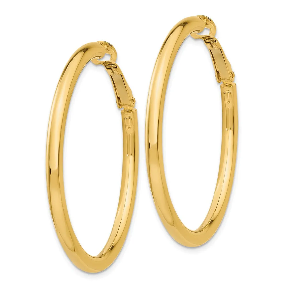 3mm, 14k Yellow Gold Omega Back Round Hoop Earrings, 40mm (1 1/2 Inch)