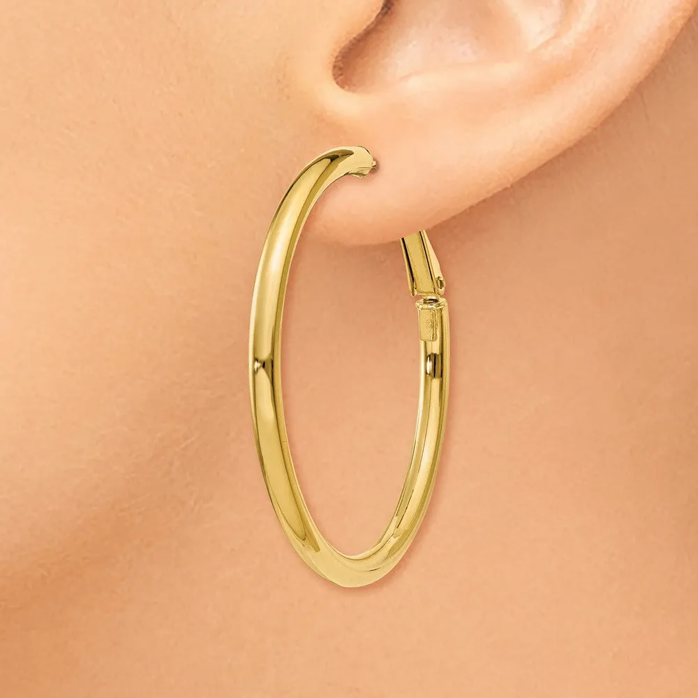 3mm, 14k Yellow Gold Omega Back Round Hoop Earrings, 40mm (1 1/2 Inch)