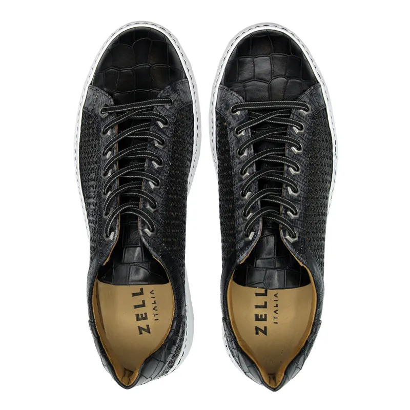 65-205-BLK VENTO Calfskin Side Weave & Embossed Crocodile Sneaker, Black