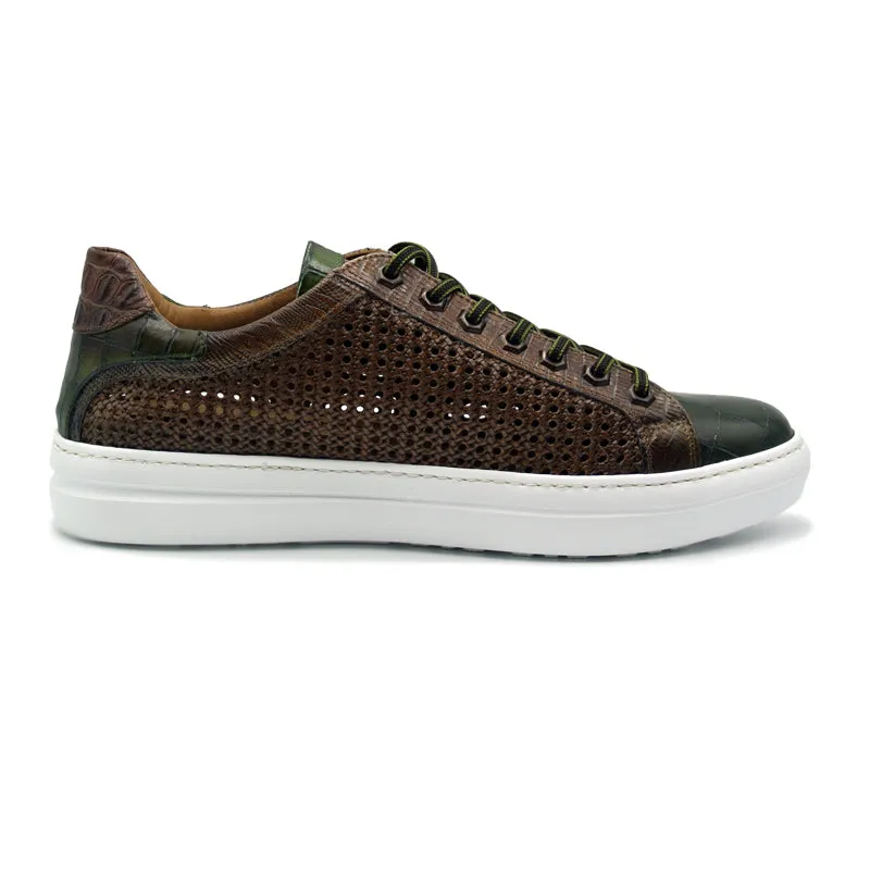 65-205-CGN VENTO Calfskin Side Weave & Embossed Crocodile Sneaker, Cognac