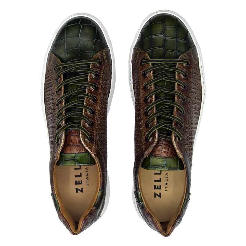 65-205-CGN VENTO Calfskin Side Weave & Embossed Crocodile Sneaker, Cognac