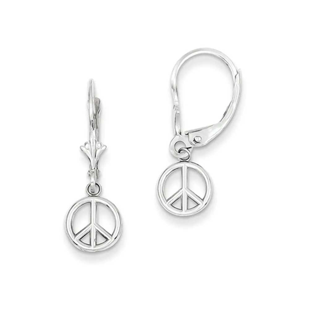 8mm 3D Peace Sign Lever Back Earrings in 14k White Gold