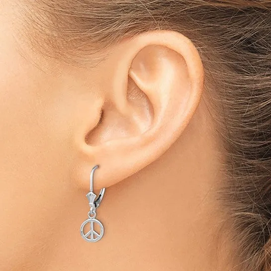 8mm 3D Peace Sign Lever Back Earrings in 14k White Gold