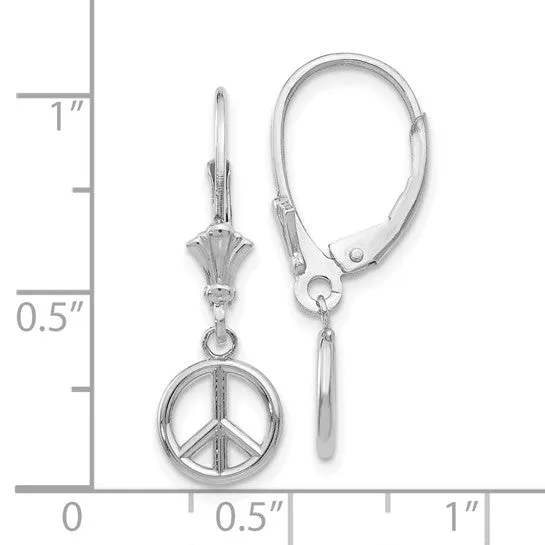 8mm 3D Peace Sign Lever Back Earrings in 14k White Gold