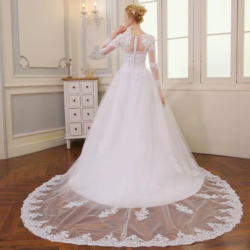 A-Line Vintage Long Sleeve Wedding Gown Bridal Dress with Lace