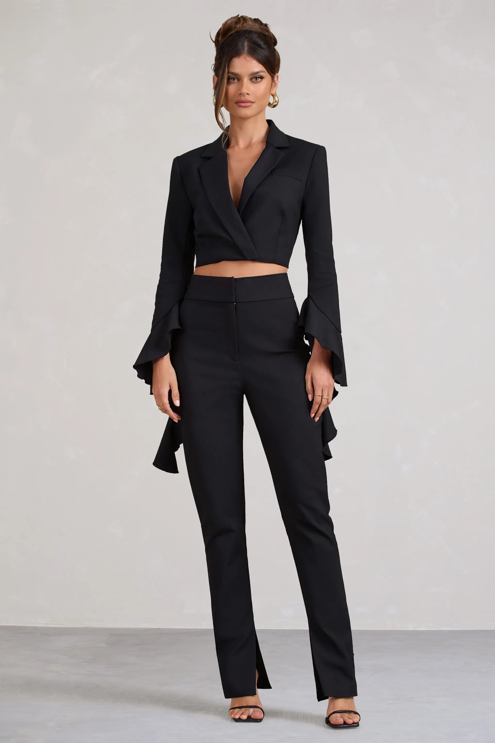 Addilyn | Black Cotton-Blend Tailored Straight-Leg Split Trousers