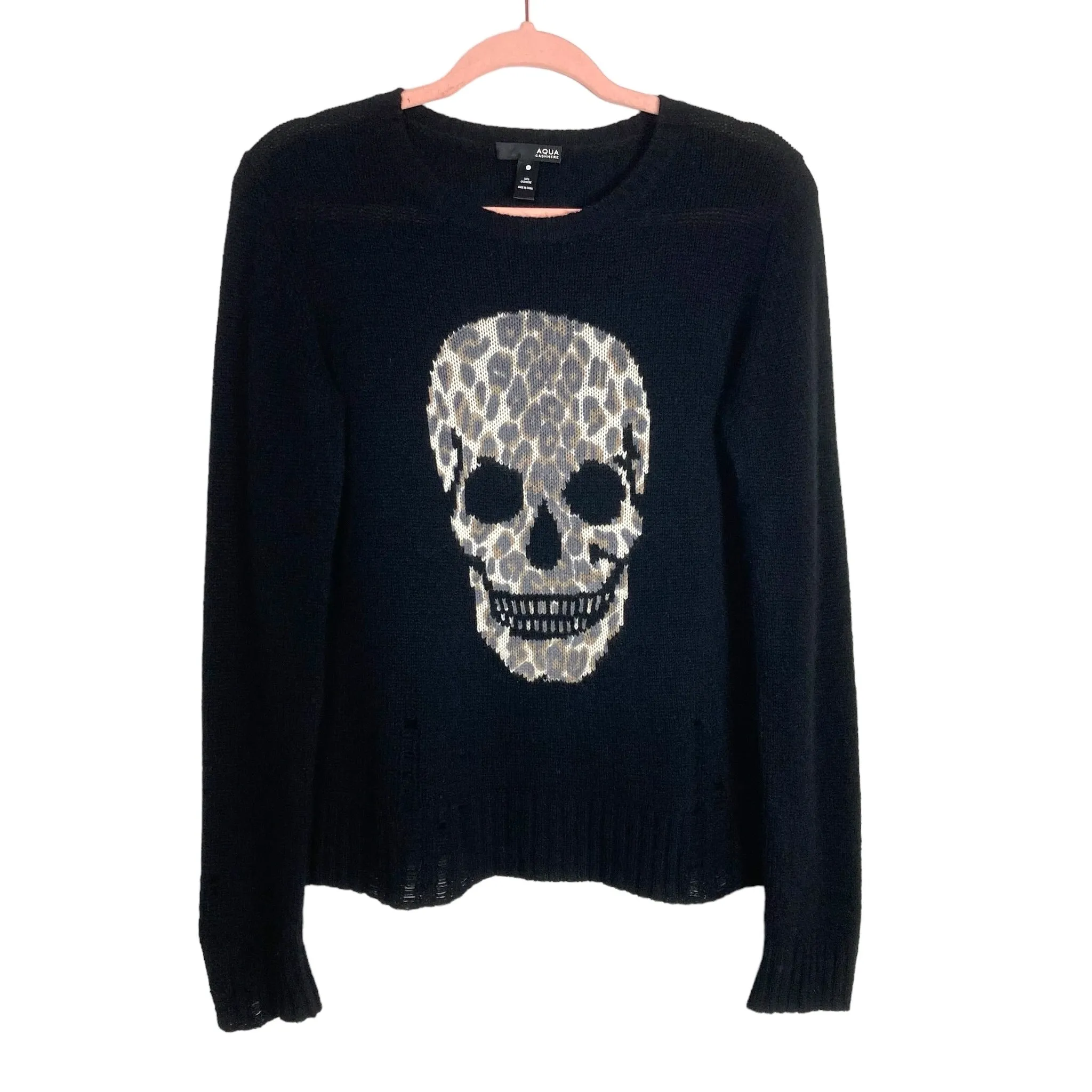 AQUA 100% Cashmere Black Animal Print Skull Distressed Sweater- Size S