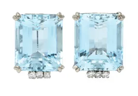 Art Deco 26.32 CTW Aquamarine Diamond 18 Karat White Gold Scroll Screw Back Earrings