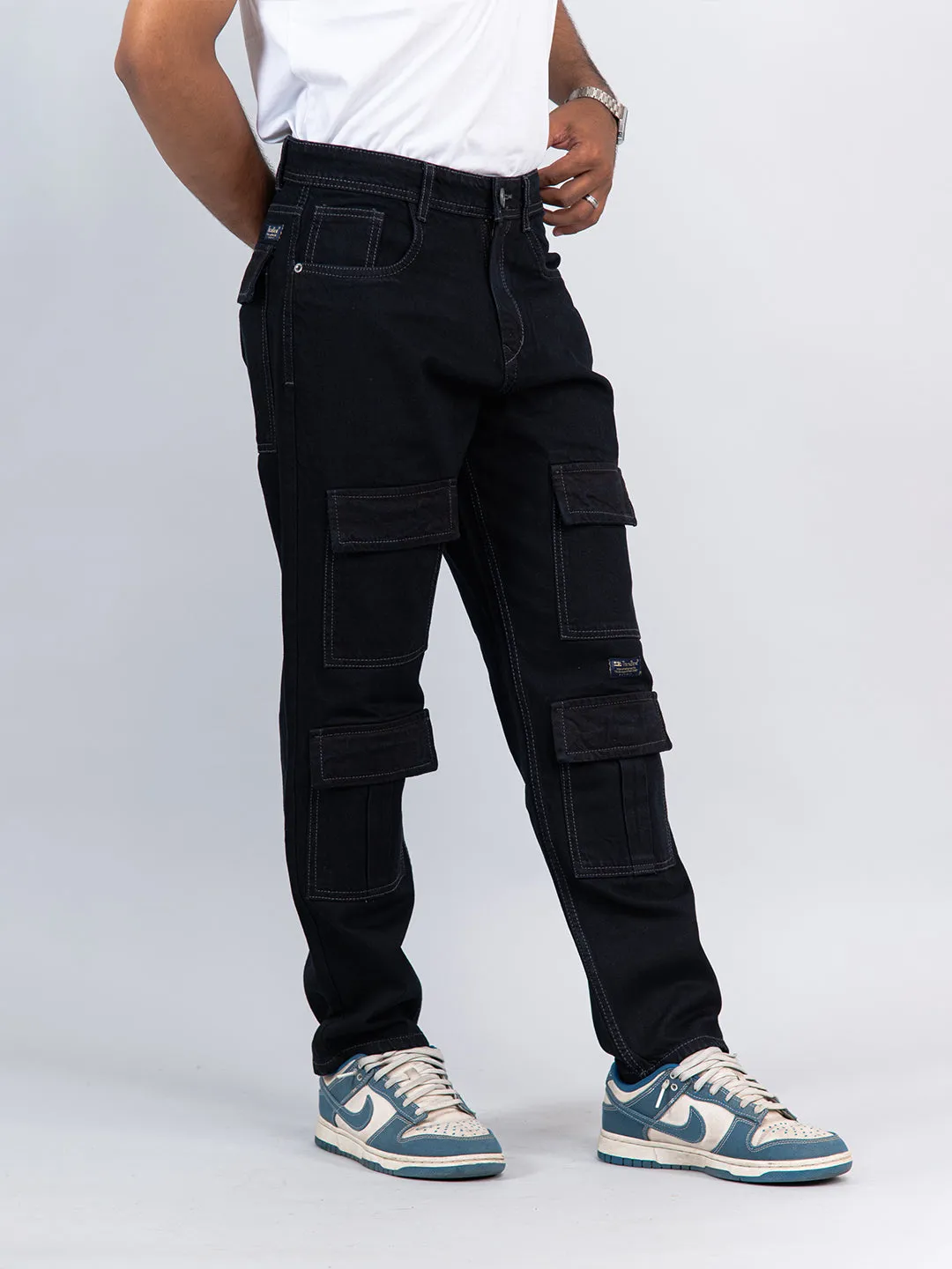 Black Cargo Baggy Fit Denim Jeans