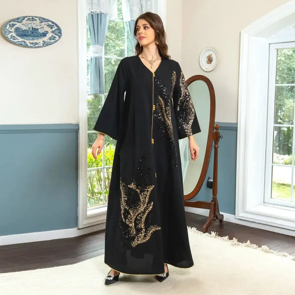 Black Dress Women Ramadan Clothes Femme Sequin Embroidery Loose Abaya Dress S S4945063