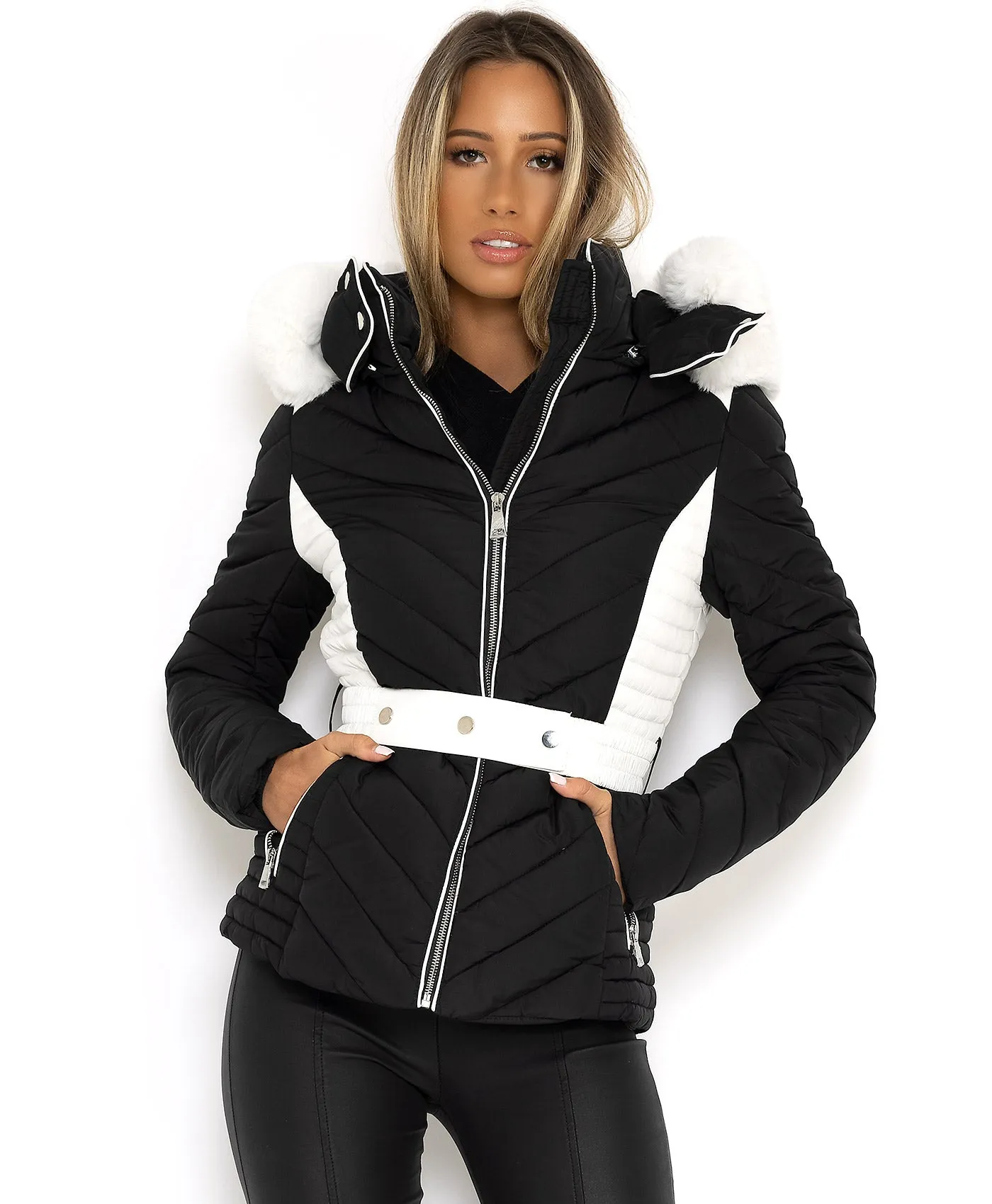 Black Padded Quilted Faux Fur Belted Puffer Jacket Coat