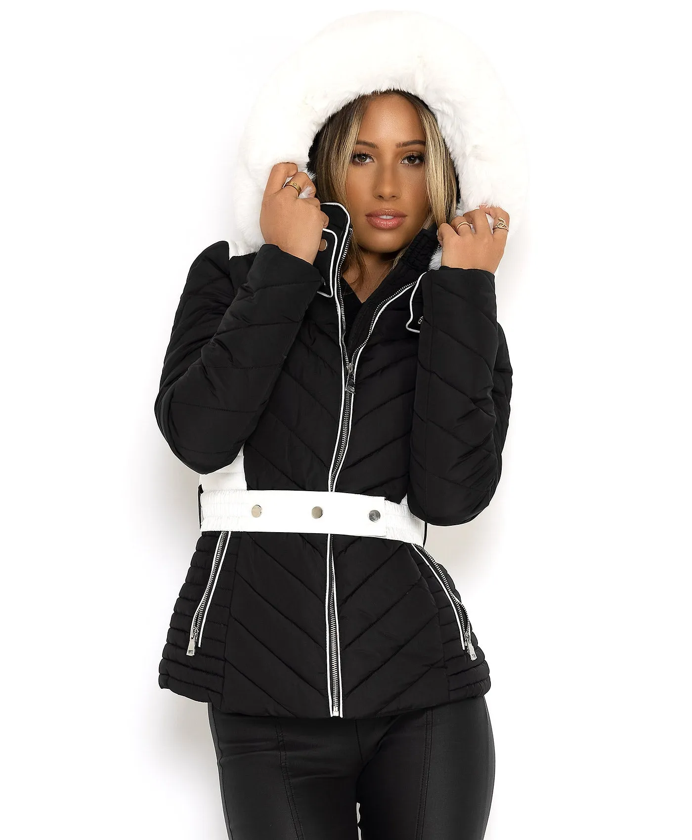 Black Padded Quilted Faux Fur Belted Puffer Jacket Coat