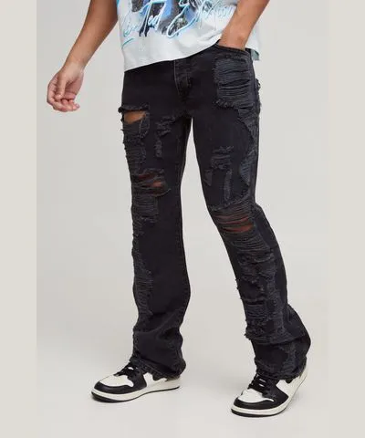 boohooMAN Mens Slim Rigid Flare All Over Ripped Denim Jeans