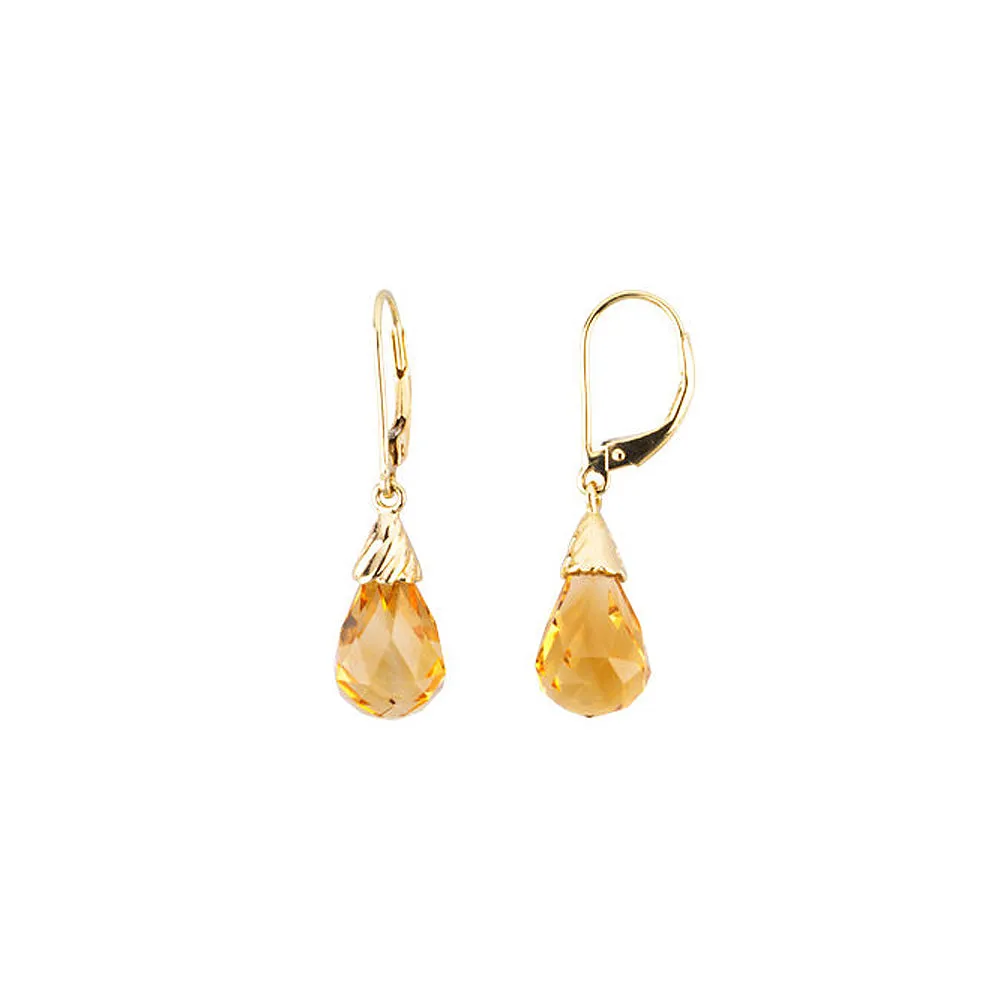 Briolette Citrine Lever Back Earrings in 14k Yellow Gold