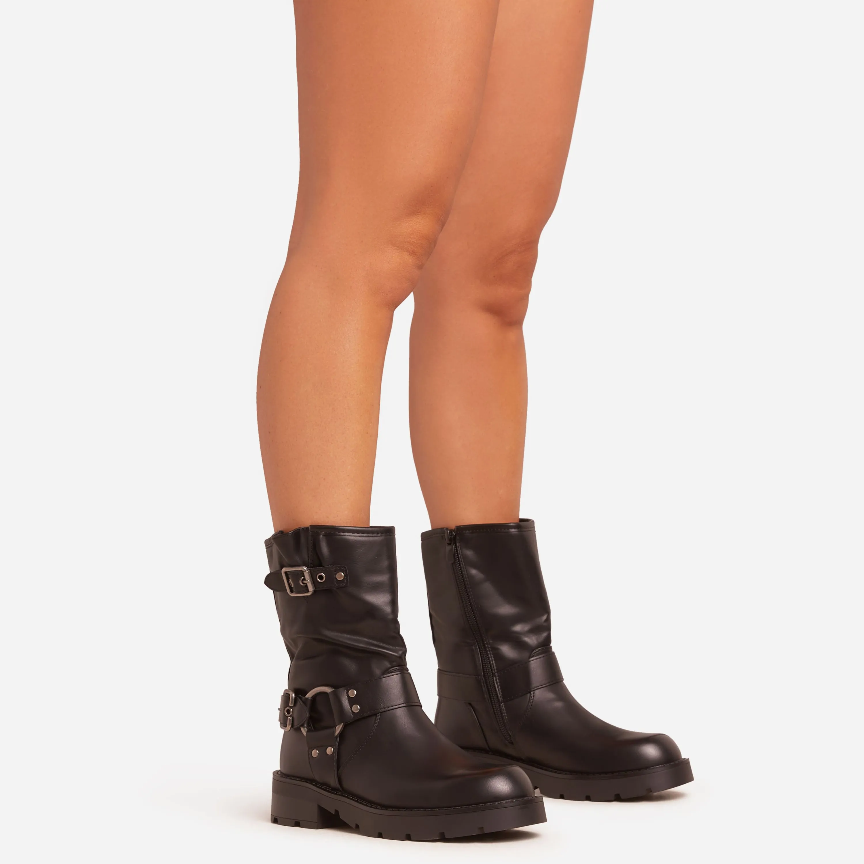 Brooks Buckle Ring Detail Ankle Biker Boot In Black Faux Leather