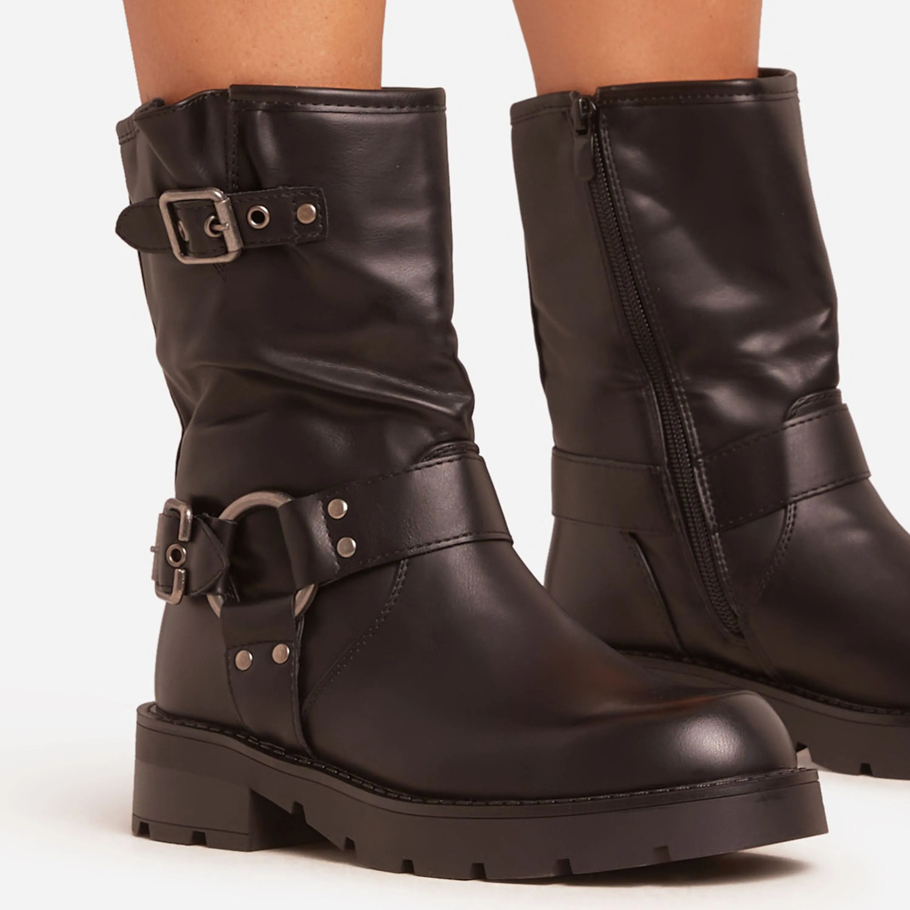 Brooks Buckle Ring Detail Ankle Biker Boot In Black Faux Leather