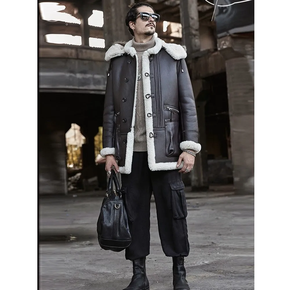 Brown B3 Bomber leather Hooded Shearling Coat for Men