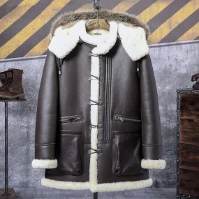 Brown B3 Bomber leather Hooded Shearling Coat for Men