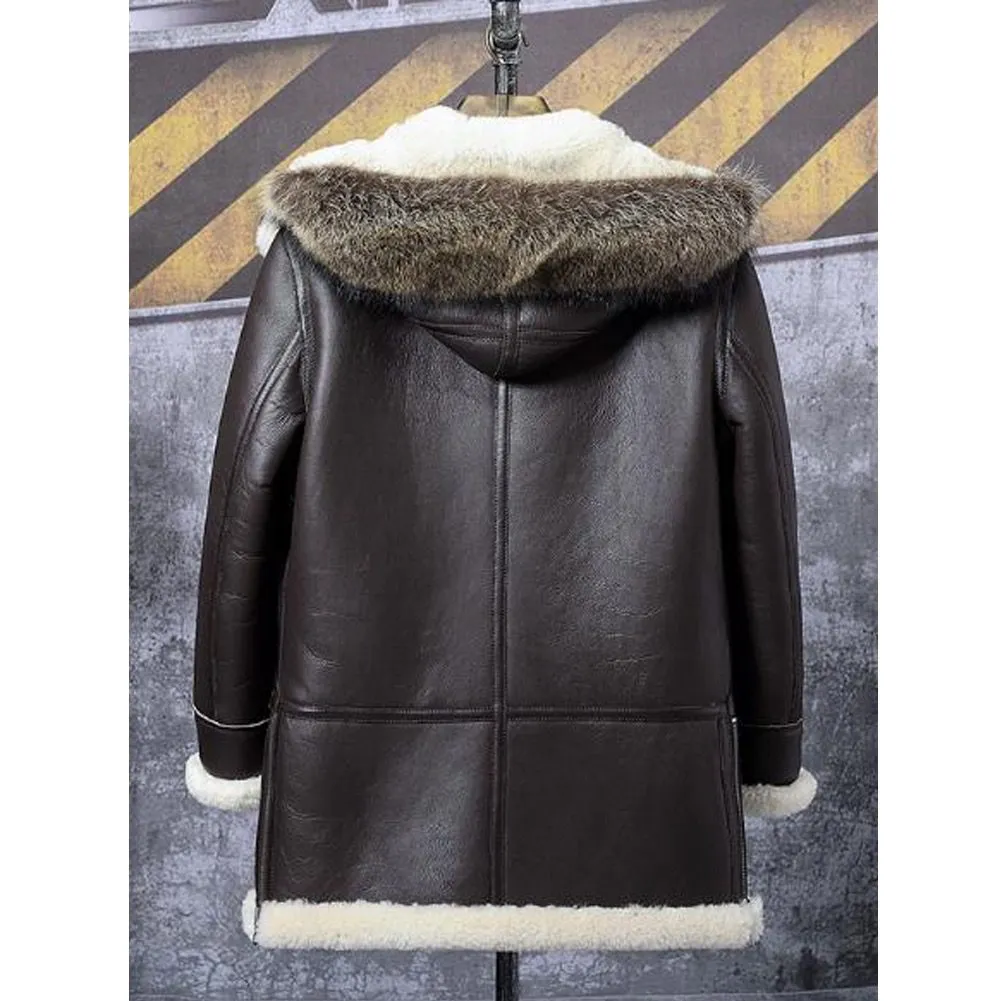 Brown B3 Bomber leather Hooded Shearling Coat for Men