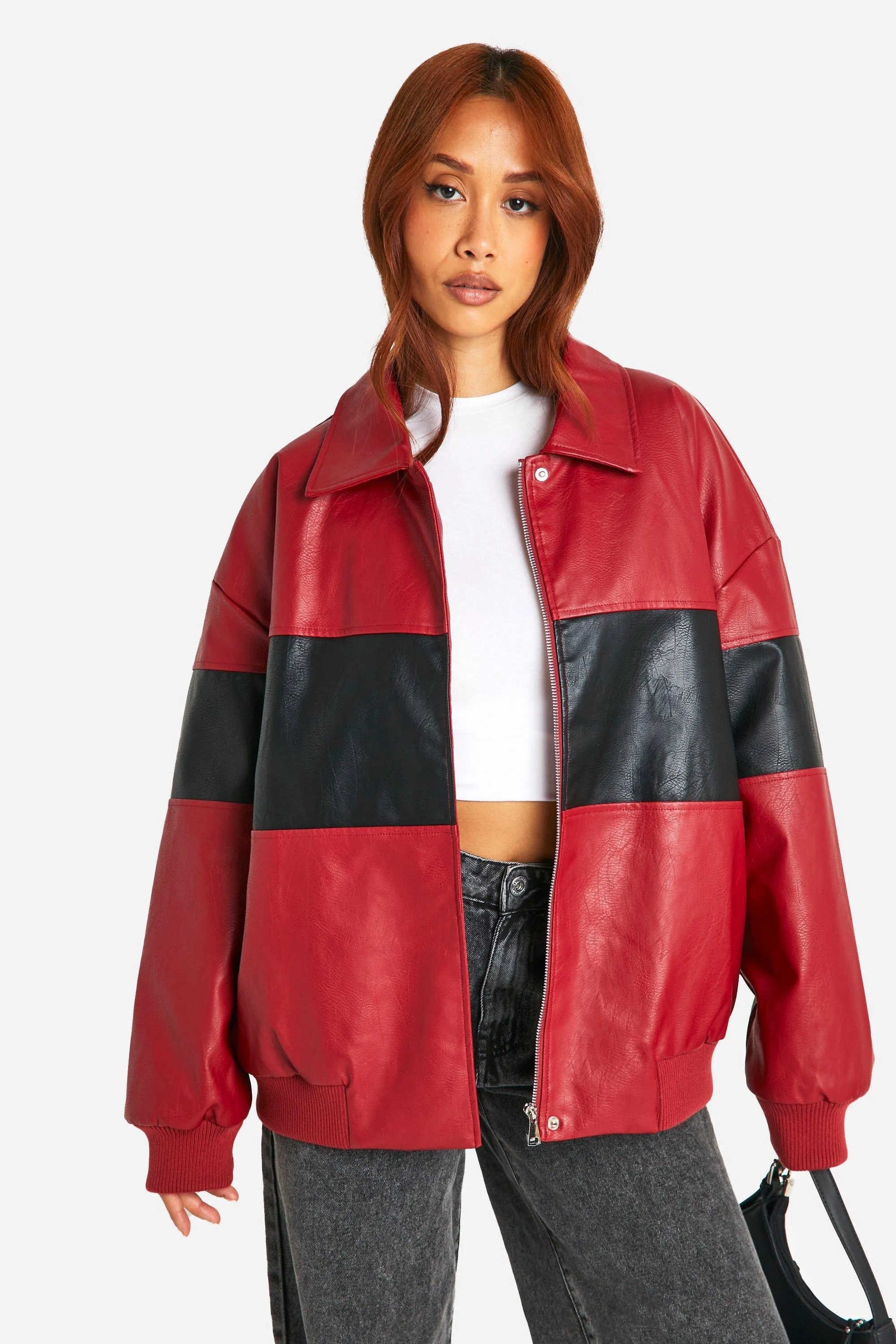 Contrast Detail Oversized Faux Leather Bomber Jacket