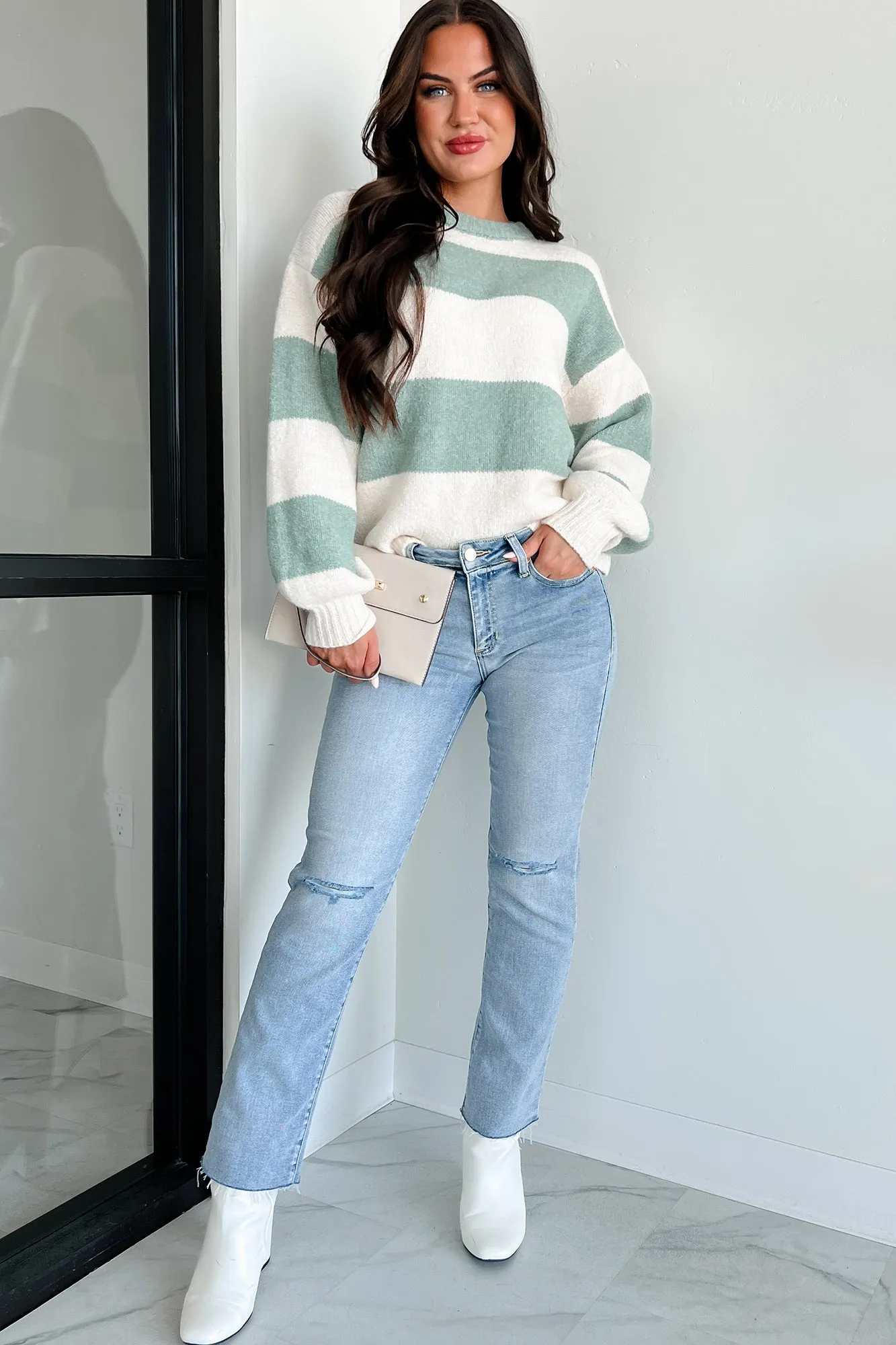 Cool Weather Casual Colorblock Sweater (Sage/Ivory)