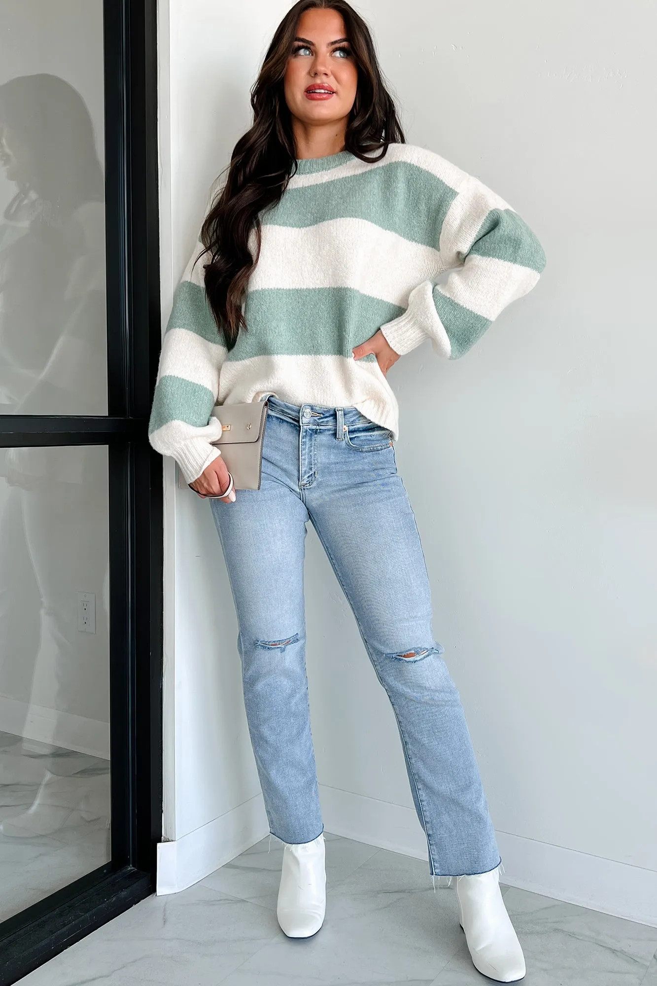 Cool Weather Casual Colorblock Sweater (Sage/Ivory)