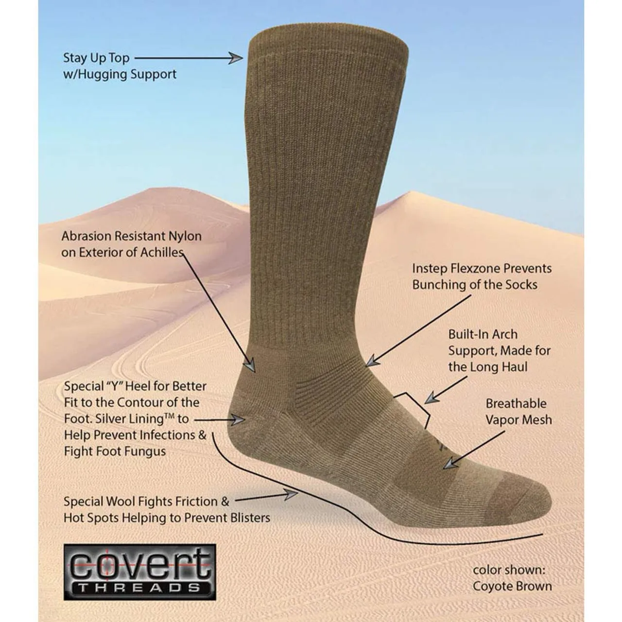 Covert Threads Desert Moderate / Hot Climate Military Boot Socks USA Made 