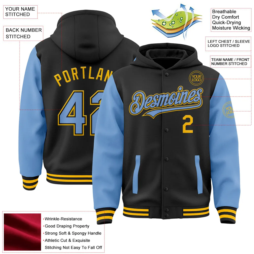 Custom Black Light Blue-Gold Bomber Full-Snap Varsity Letterman Two Tone Hoodie Jacket