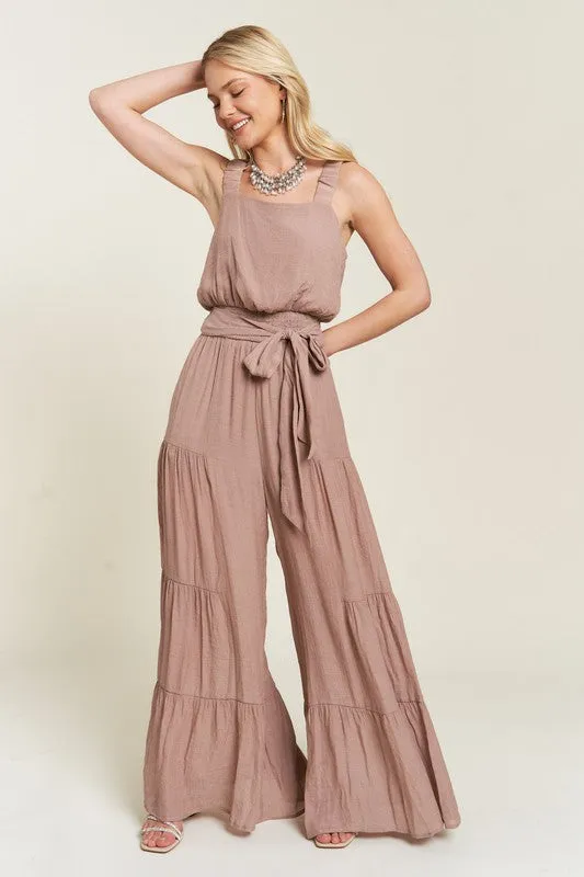 ELASTIC STRAP TIERED JUMPSUIT