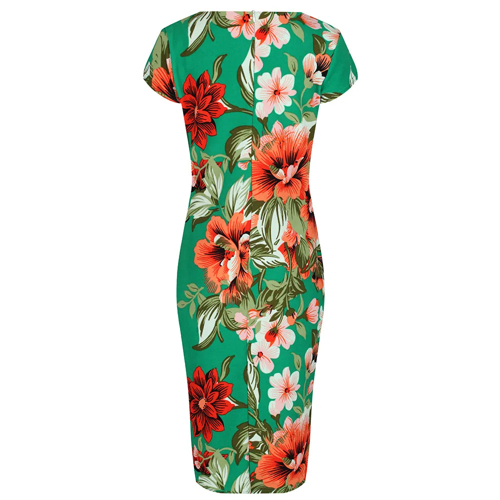 Emerald Green Floral Bodycon Cap Sleeve Wiggle Dress