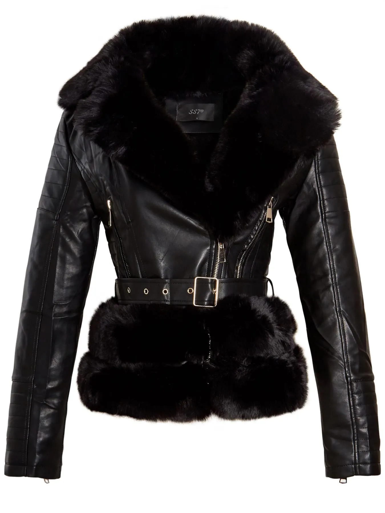 Faux leather Biker Jacket with Luxurious Faux Fur, Black, Stone, UK Sizes 8 to 14