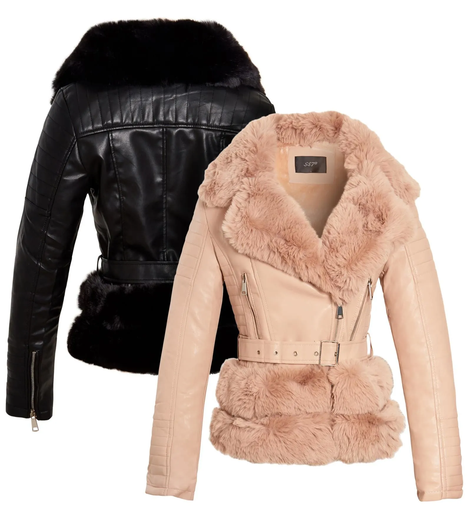 Faux leather Biker Jacket with Luxurious Faux Fur, Black, Stone, UK Sizes 8 to 14