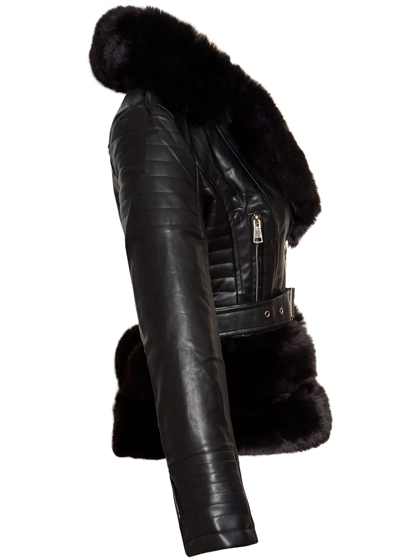 Faux leather Biker Jacket with Luxurious Faux Fur, Black, Stone, UK Sizes 8 to 14