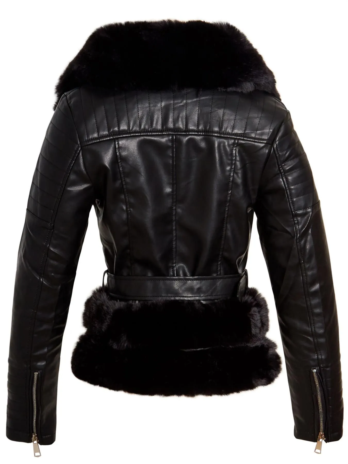 Faux leather Biker Jacket with Luxurious Faux Fur, Black, Stone, UK Sizes 8 to 14