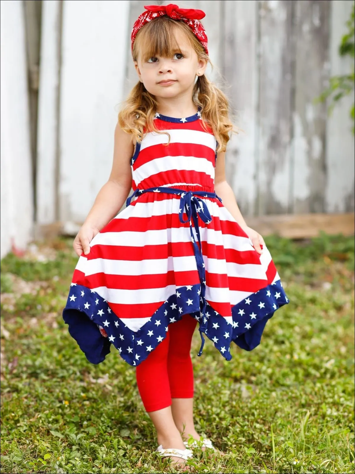 Girls 4th of July Themed Handkerchief Tunic And Capri Legging Set