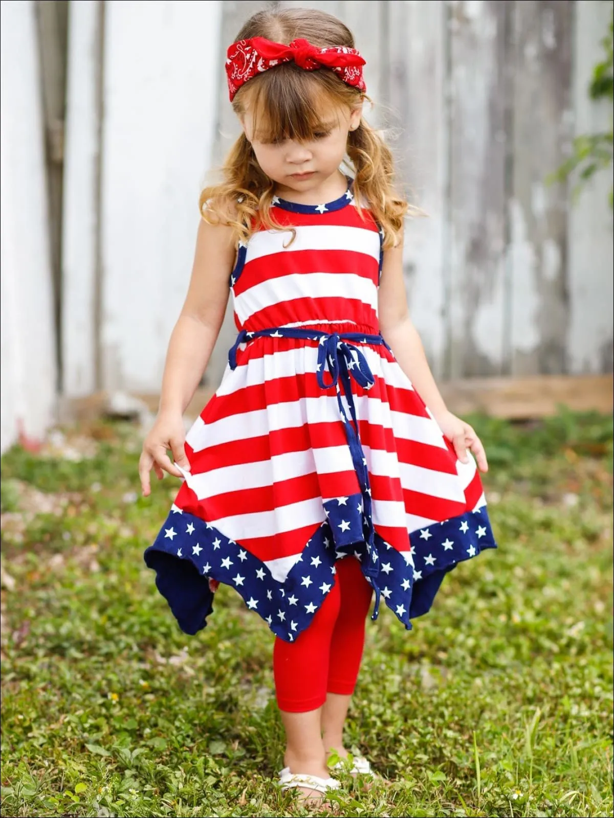 Girls 4th of July Themed Handkerchief Tunic And Capri Legging Set