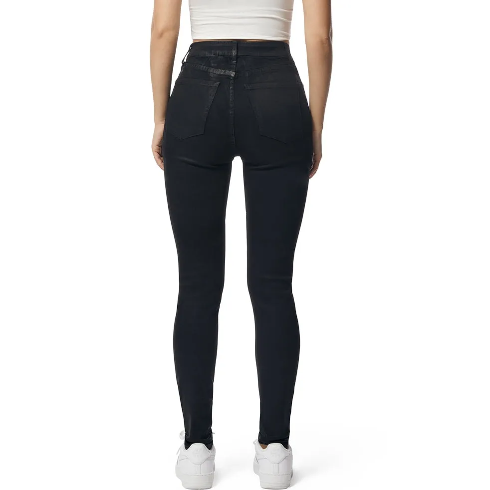 High Rise Super Skinny Wax Coated Jeans - Polished Black