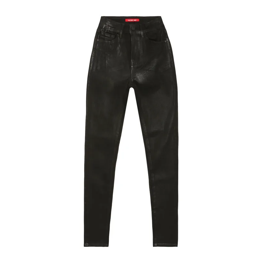 High Rise Super Skinny Wax Coated Jeans - Polished Black