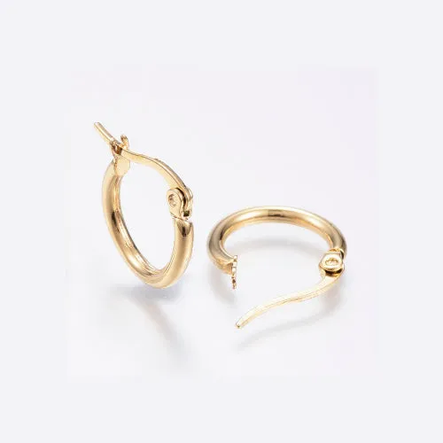 Hoop Earring Findings, 304 Stainless Steel, With Latch-Back Closure, 18K Gold Plated, 15mm