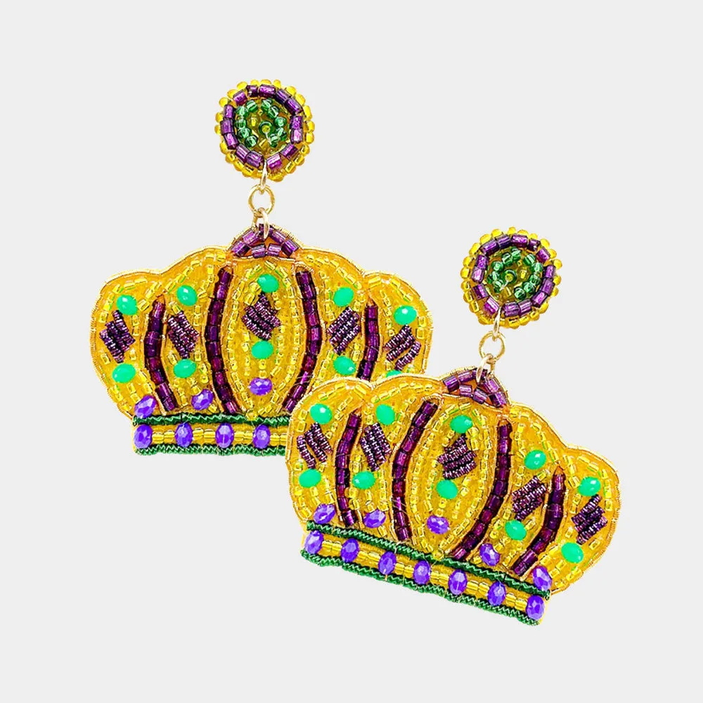 iLLASPARKZ Felt Back Mardi Gras Multi Beaded Crown Dangle Earrings