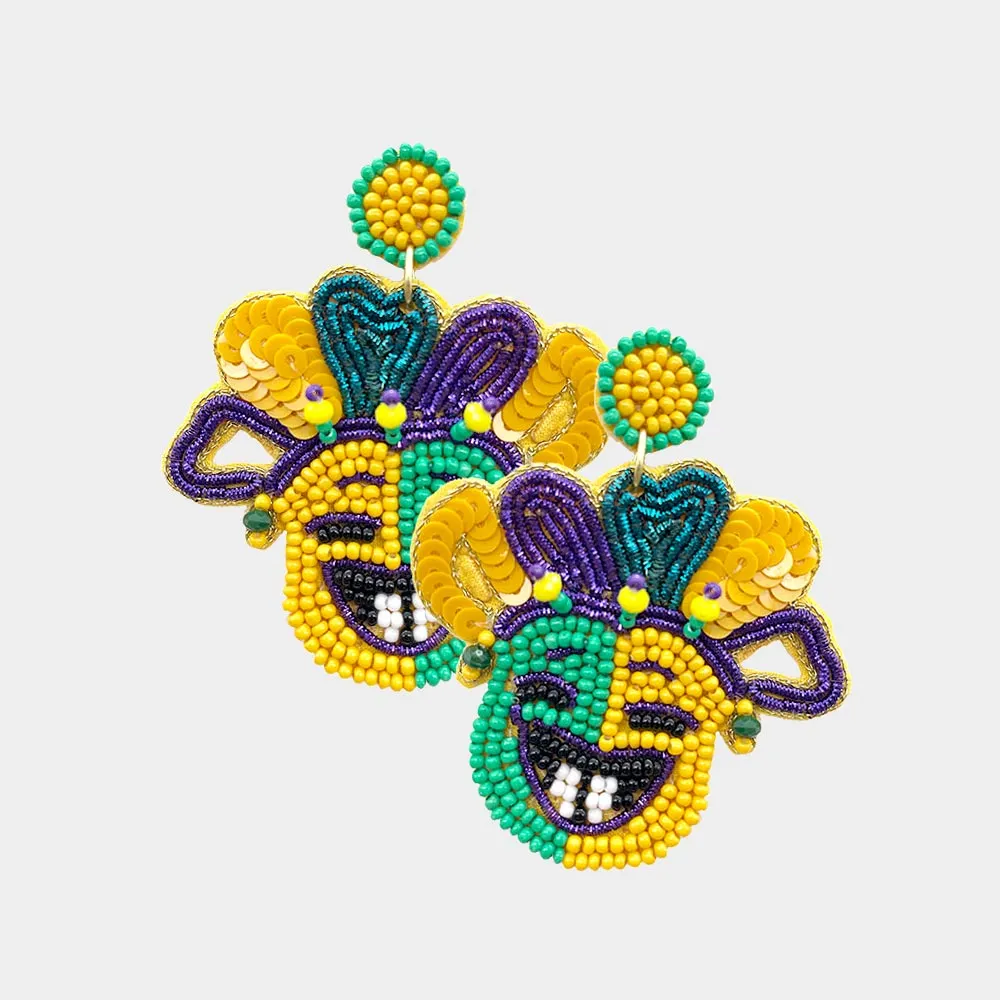 iLLASPARKZ Felt Back Seed Beaded Mardi Gras Mask Dangle Earrings