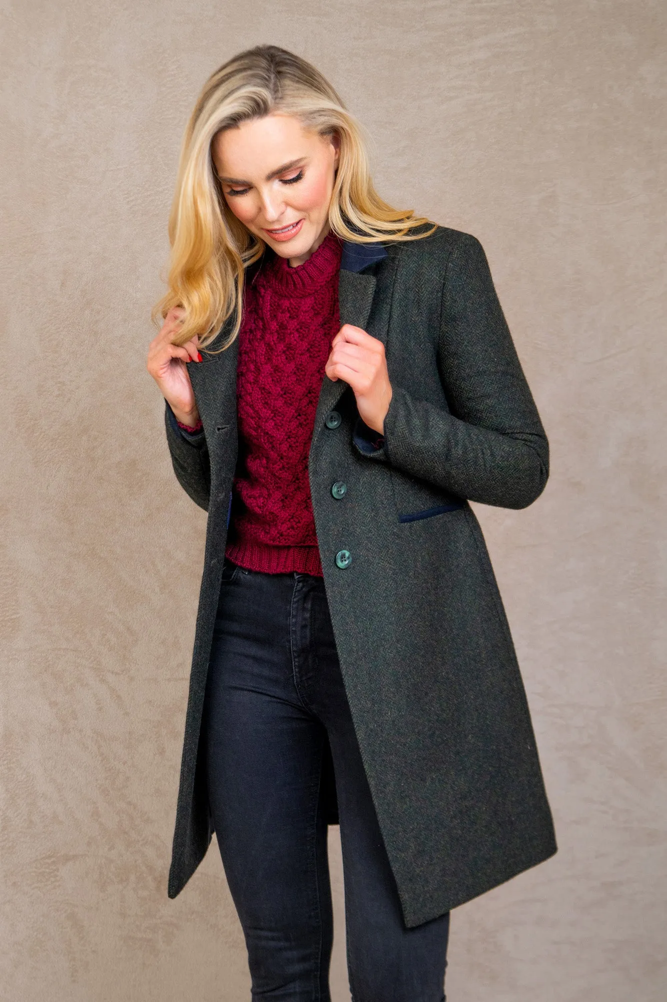 Isabella Tweed Coat - Green Herringbone