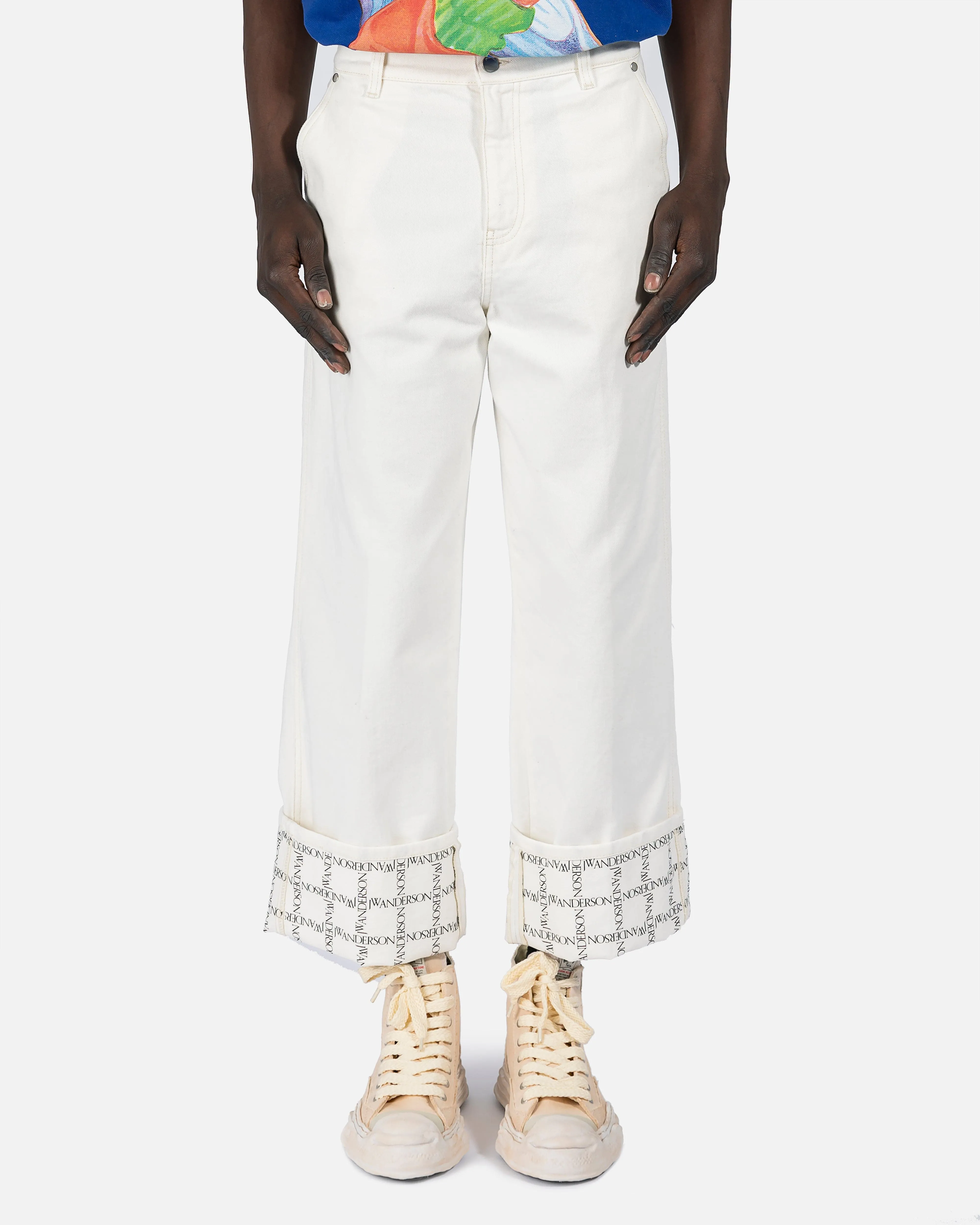 JW Anderson Logo Grid Cuff Wide Leg Jeans in Off-White