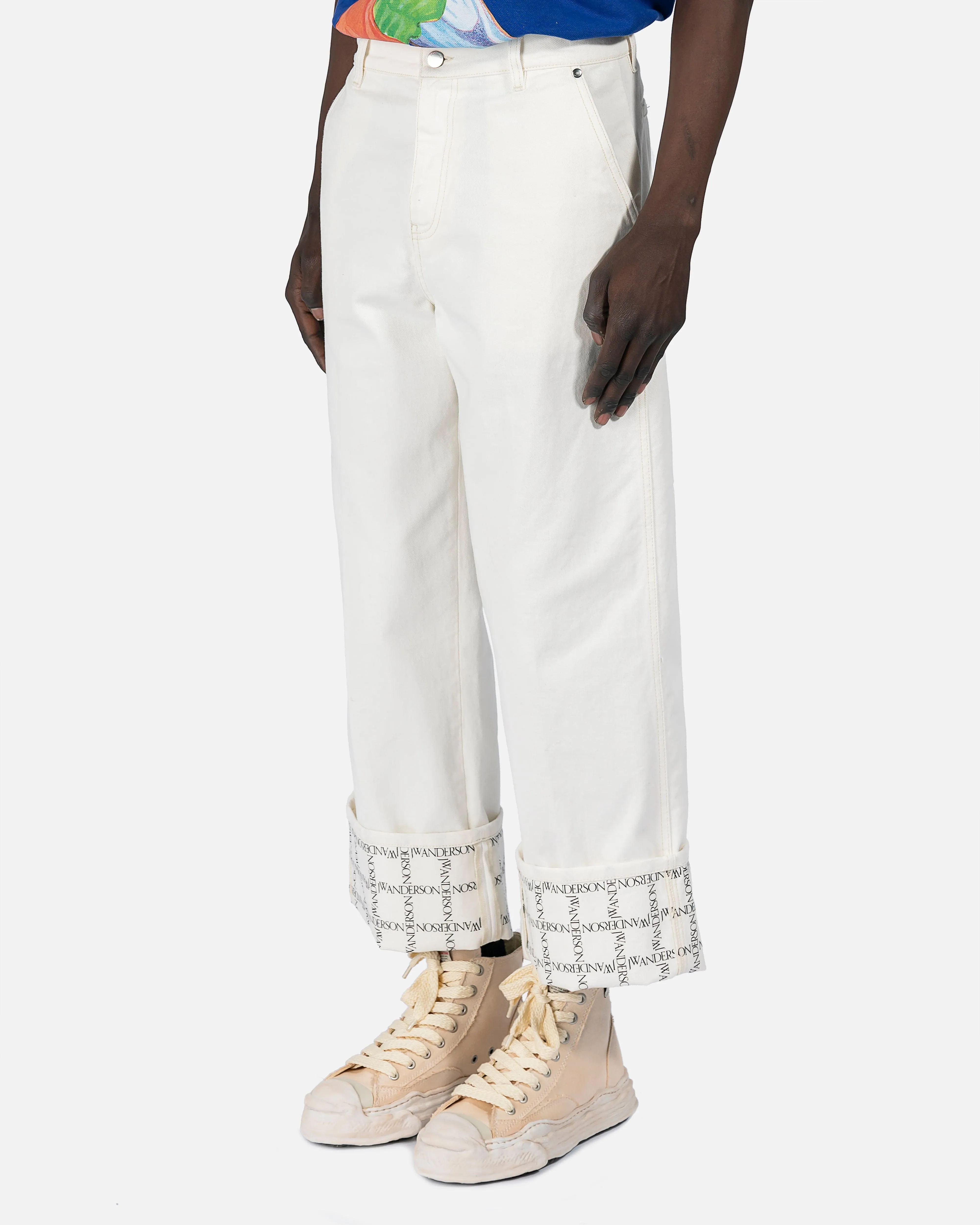 JW Anderson Logo Grid Cuff Wide Leg Jeans in Off-White